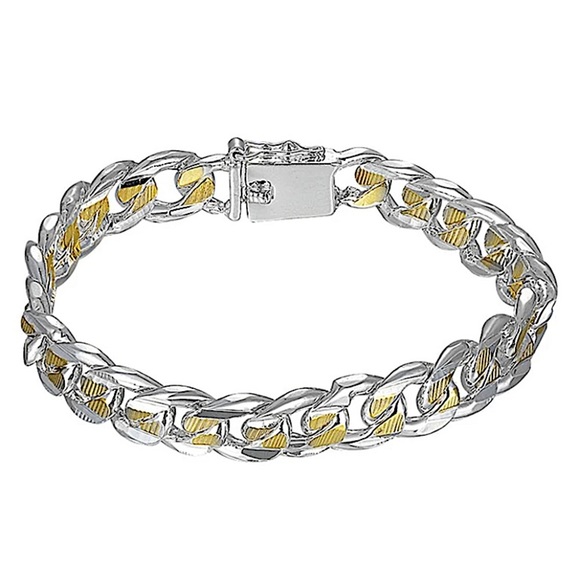 Cuban Chain Link Sterling Silver Gold Silver Unisex Bracelet - Picture 2 of 6